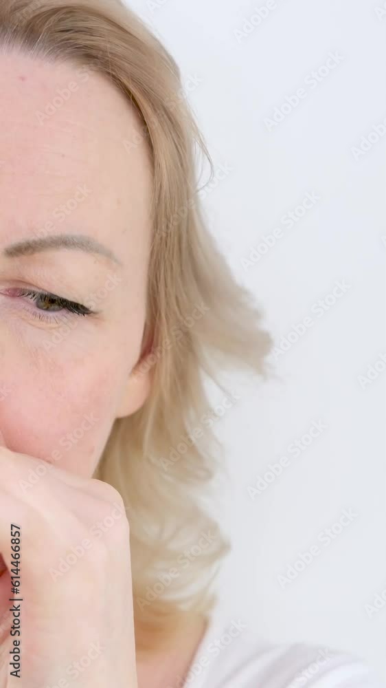 runny nose allergy seasonal attack woman wiping her nose with her hand on white background drugs treatment help unpleasant sensation flowing from runny nose allergy seasonal attack woman wiping her nose with her hand on white background drugs treatment help unpleasant sensation flowing from
