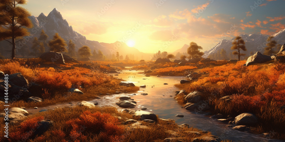 Beautiful Landscape with mountains and pretty light - Generative AI
