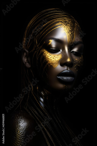 a spellbinding fantasy portrait of a black beauty with golden ornaments  fictional person created with generative ai