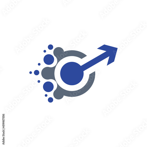 Masculism symbol, blue male fist color with arrow in circle vector sign template. Men logo rights fight icon photo