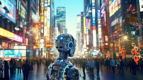 Artificial intelligence (AI) transforming various aspects of society. The image displays futuristic scenarios. The image emphasizes the integration of AI into daily life AI Generative