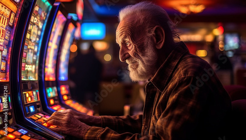portrait of elderly man gambler playing slot machine in casino. Slot Machines in Las Vegas. Grandma addicted to fruit machines excited