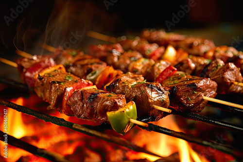 skewer loaded with marinated kebabs grilling over an open flame, ai generative photo