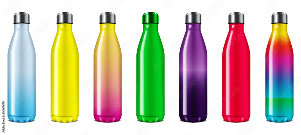 Insulated water bottle color mock-up set. Reusable colorful stainless steel sport flask isolated on white background mockup. Easy editable vector illustration Insulated water bottle color mock-up set. Reusable colorful stainless steel sport flask isolated on white background mockup. Easy editable vector illustration