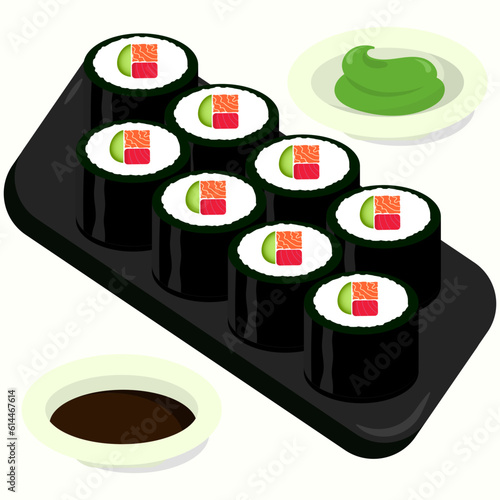 Flat design illustration of a California sushi roll on a black plate. Perfect use for restaurant menu