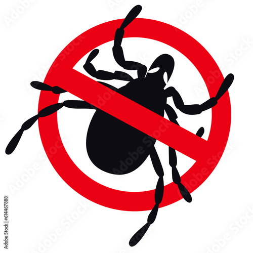 A sign stop the tick. A crossed-out warning sign about ticks.Tick insect. Vector illustration of a warning sign about ticks.