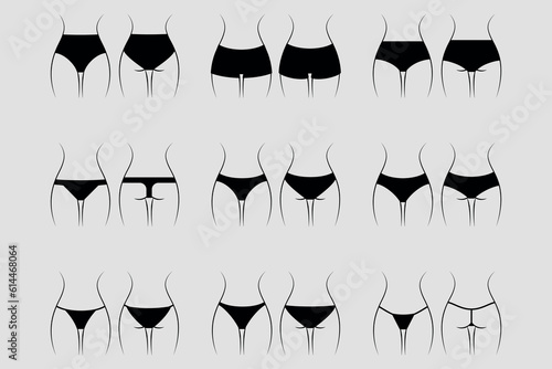 A collection of women's panties. Black silhouettes. Vector on gray background.