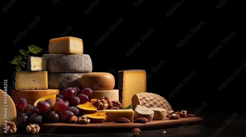 Different kinds of cheese with nuts on dark background, copy space wide angle lens realistic lighting