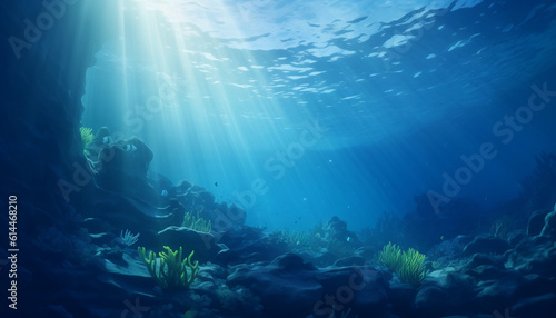 Underwater sea in blue sunlight  Based on  Generative AI