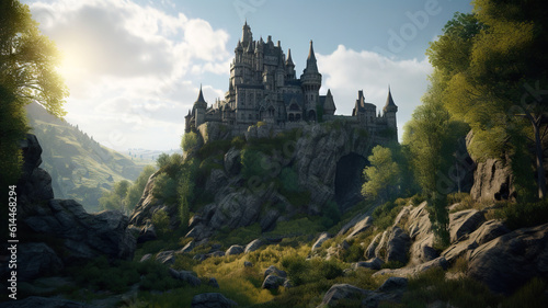 Majestic castle perched on a rocky outcrop - Generative AI, AI generated