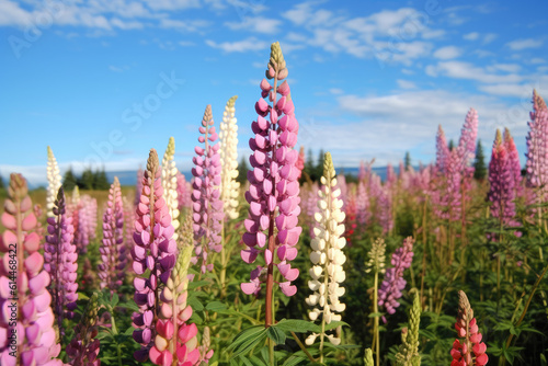 Lupin field against a blue sky