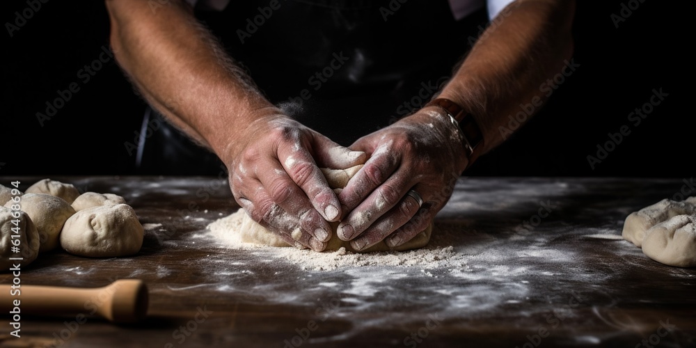 Close-up of human hands in the apron knead the dough on a black wooden table , concept of Tactile sensation, created with Generative AI technology