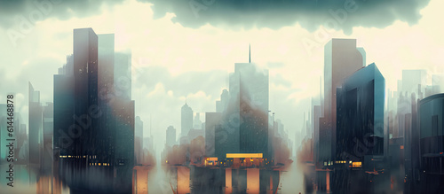 illustrazione generative ai di veduta di centro urbano con alti edifici che si riflettono su strade bagnate, tramonto, cieli piovosi, autunnale, generative ai photo