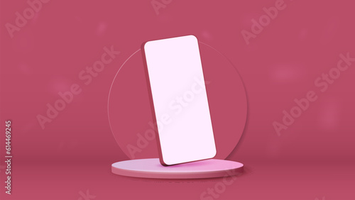 A smartphone on the podium with a white screen in pink in the room. The layout of a mobile phone on a glossy platform.