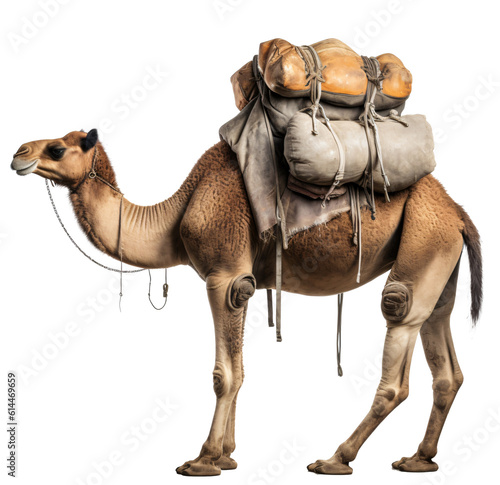 Camel with saddlebag  isolated on the transparent background PNG. AI generative.