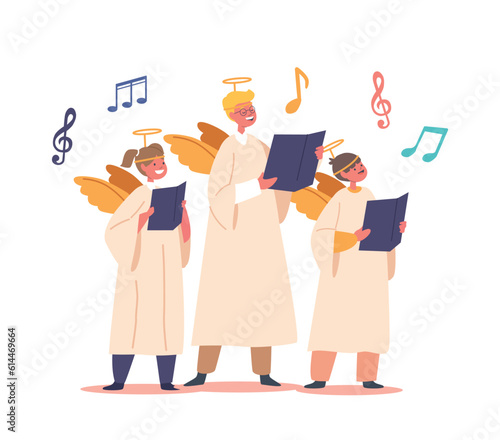 Children Dressed In Angel Costumes with Nimbus Holding Notes Harmoniously Sing Together In A Choir, Vector Illustration