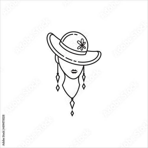 Fashion and beauty logo with the concept of a woman in a hat wearing earrings and necklace jewelry