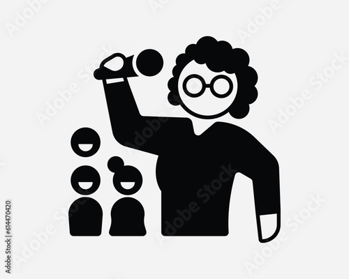 Female Stand-Up Comedian Icon. Laugh Entertainment Entertainer Performer Show Black White Sign Symbol Illustration Artwork Graphic Clipart EPS Vector