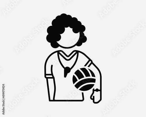 Female Coach Icon. Woman Girl Lady Athlete Netball Volleyball Fitness Sports Ball Trainer. Black White Sign Symbol Artwork Graphic Clipart EPS Vector