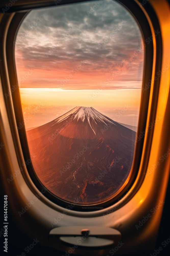 Amazing landscape of mountain through window of flying airplane