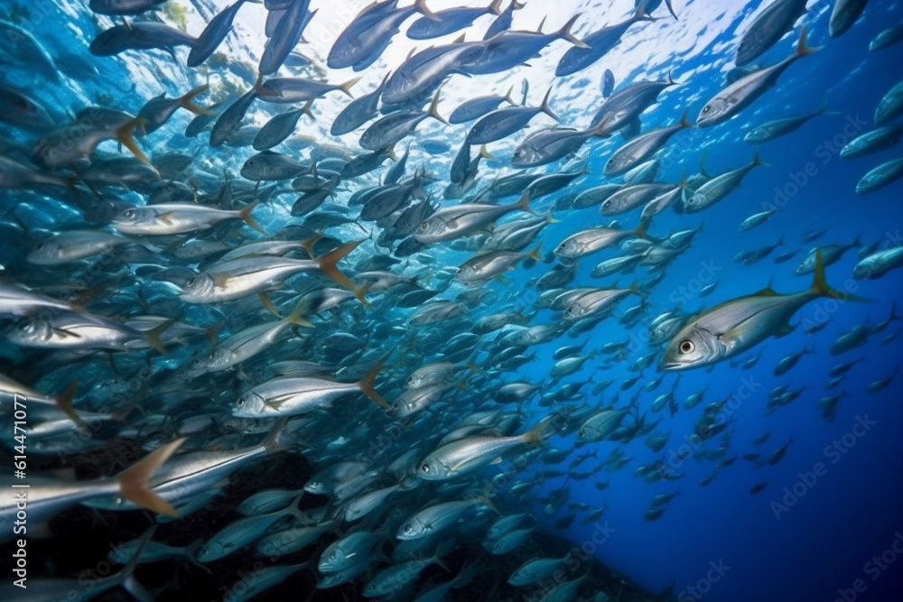 Amazing underwater world - Bigeye Trevally (Caranx sexfasciatus). A big school of fish. Diving, wide angle photography. Raja Ampat, Indonesia Amazing underwater world - Bigeye Trevally (Caranx sexfasciatus). A big school of fish. Diving, wide angle photography. Raja Ampat, Indonesia