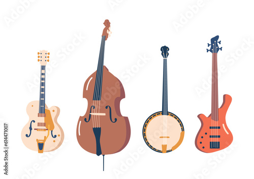 Melodic, Rhythmic, And Soulful, String Jazz Instruments Electric and Bass Guitar, Double Bass and Banjo, Illustration