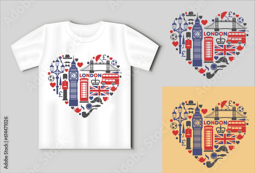 London love. Symbols of London in the shape of a heart. Travel concept with t-shirt mockup