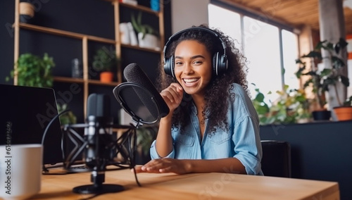 Woman recording a podcast on her laptop computer with headphones and a microscope. Female podcaster making audio podcast from her home studio.Female influencer in studio photo