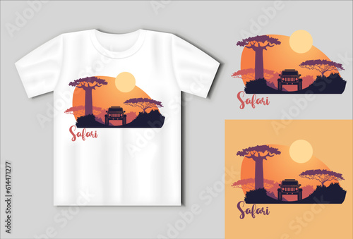 African safari silhouetes with an SUV and sunset. Travel concept with t-shirt mockup