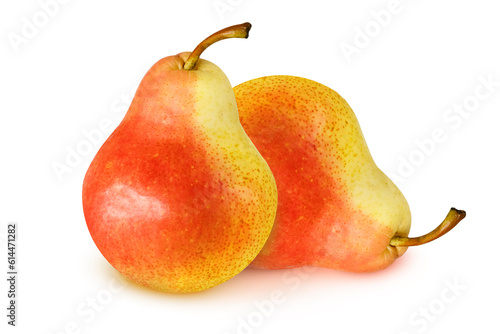 Two ripe red yellow pear fruits isolated on white background