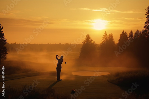 A golfer teeing off at sunrise, with the morning mist in the air Generative AI