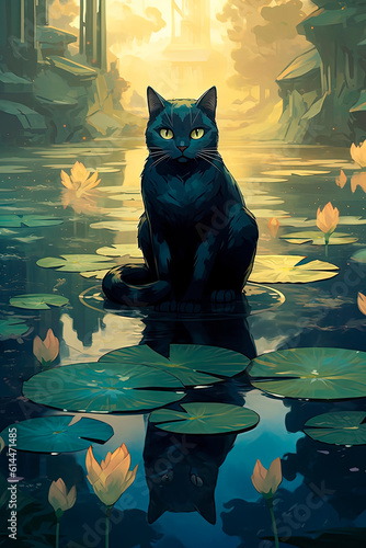 A black cat sitting on top of a lily filled pond. Generative AI