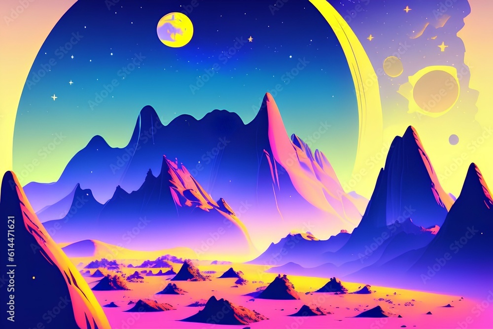 Futuristic landscape background with the alien planet surface, the moon ...
