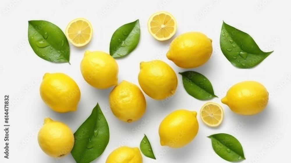 Set of lemons and leaves, isolated on white background macro lens realistic lighting Set of lemons and leaves, isolated on white background macro lens realistic lighting