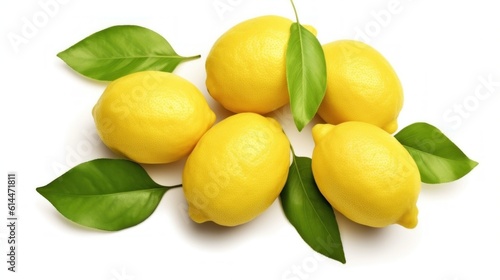 Set of lemons and leaves, isolated on white background macro lens realistic lighting