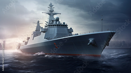 Modern stealth warship on the high seas, Stealth technology. Ship with lot of guns on board. Naval forces. Ship for military operations. © PaulShlykov
