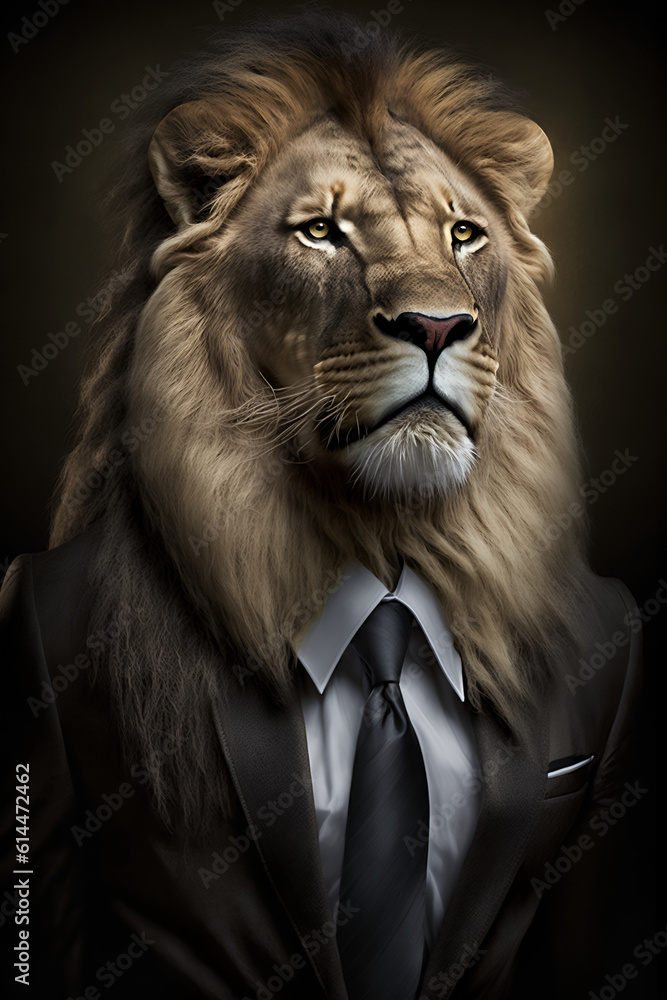 Studio portrait of lion in suit shirt and tie Studio portrait of lion in suit shirt and tie