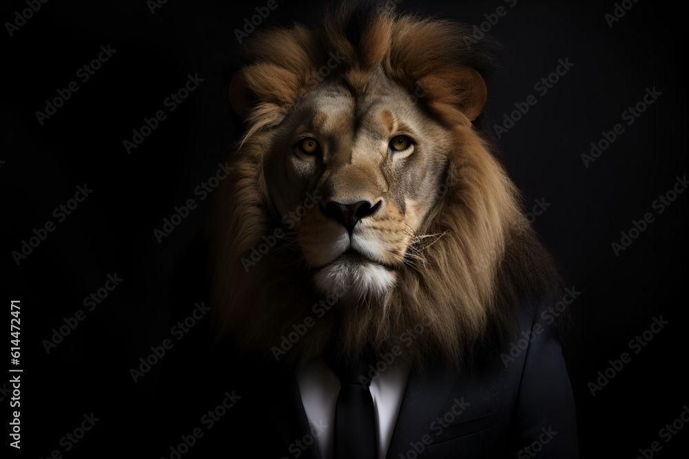 Studio portrait of lion in suit shirt and tie Studio portrait of lion in suit shirt and tie