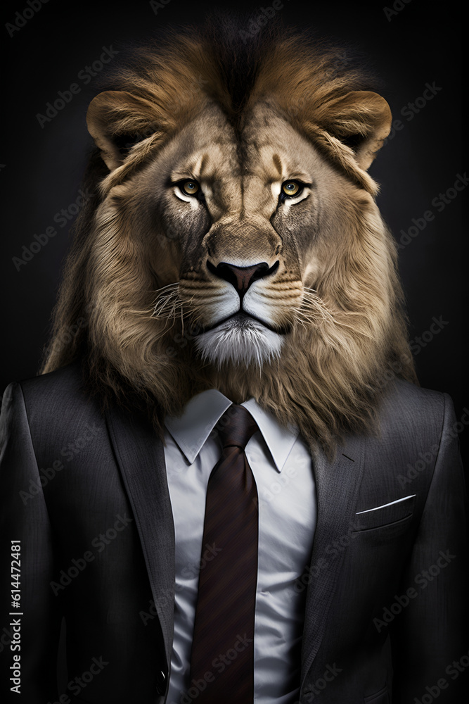 Studio portrait of lion in suit shirt and tie Studio portrait of lion in suit shirt and tie