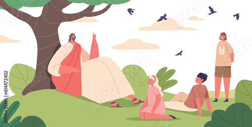 Jesus Character Seated Under A Tree, Captivatingly Shares Tales With Children, Fostering A Serene, Peaceful, Atmosphere