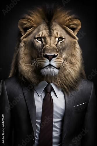 Studio portrait of lion in suit shirt and tie