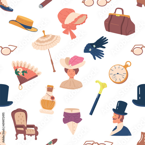 Elegant Seamless Pattern Featuring Of 19th-century Items. Vintage Charm Is Brought To Life Through Antique Objects