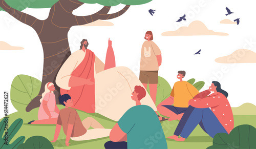 Serene Scene Of Jesus Biblical Character Sit Under Tree, Captivating Children With His Storytelling Vector Illustration photo