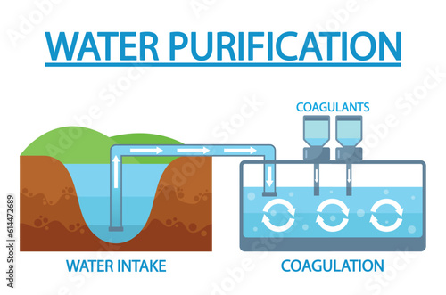 Water Purification Stages Involve Intake Of Raw Water Followed By Coagulation, Where Impurities Clump Together