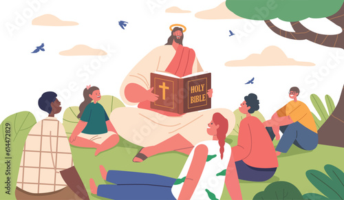 Jesus Character Sharing The Teachings Of The Holy Bible With Children On A Sunny Summer Field, Vector Illustration