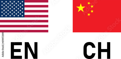 Flag Icon Pair including USA and China Flags for English and Chinese Language Selection Symbol Button. Vector Image.
