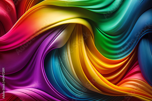 Abstract 3D rainbow colors background. Silk satin style backdrop with liquid wavy folds and trendy metal effect.