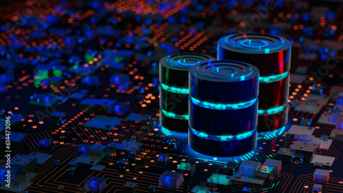 Multiple databases and electronic components are placed on circuit board. Concept of database server, SQL, Data storage, Datacenter, Database management, Artificial intelligence. 3D rendering.