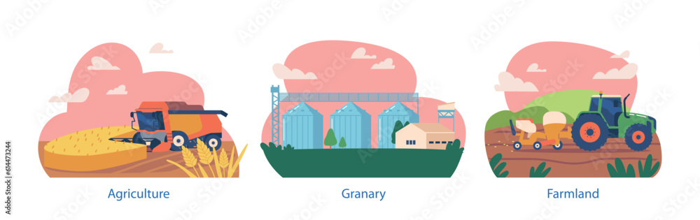Isolated Elements with Stages Of Cultivation, Planting, Harvesting and Storage in Granary. Farmland Process Illustration