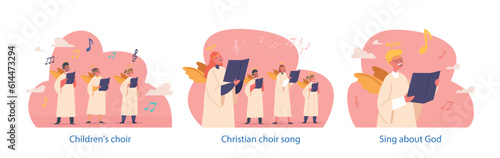 Isolated Elements With Children Characters Dressed In Angel Dress, Singing In A Choir, Create A Beautiful Atmosphere